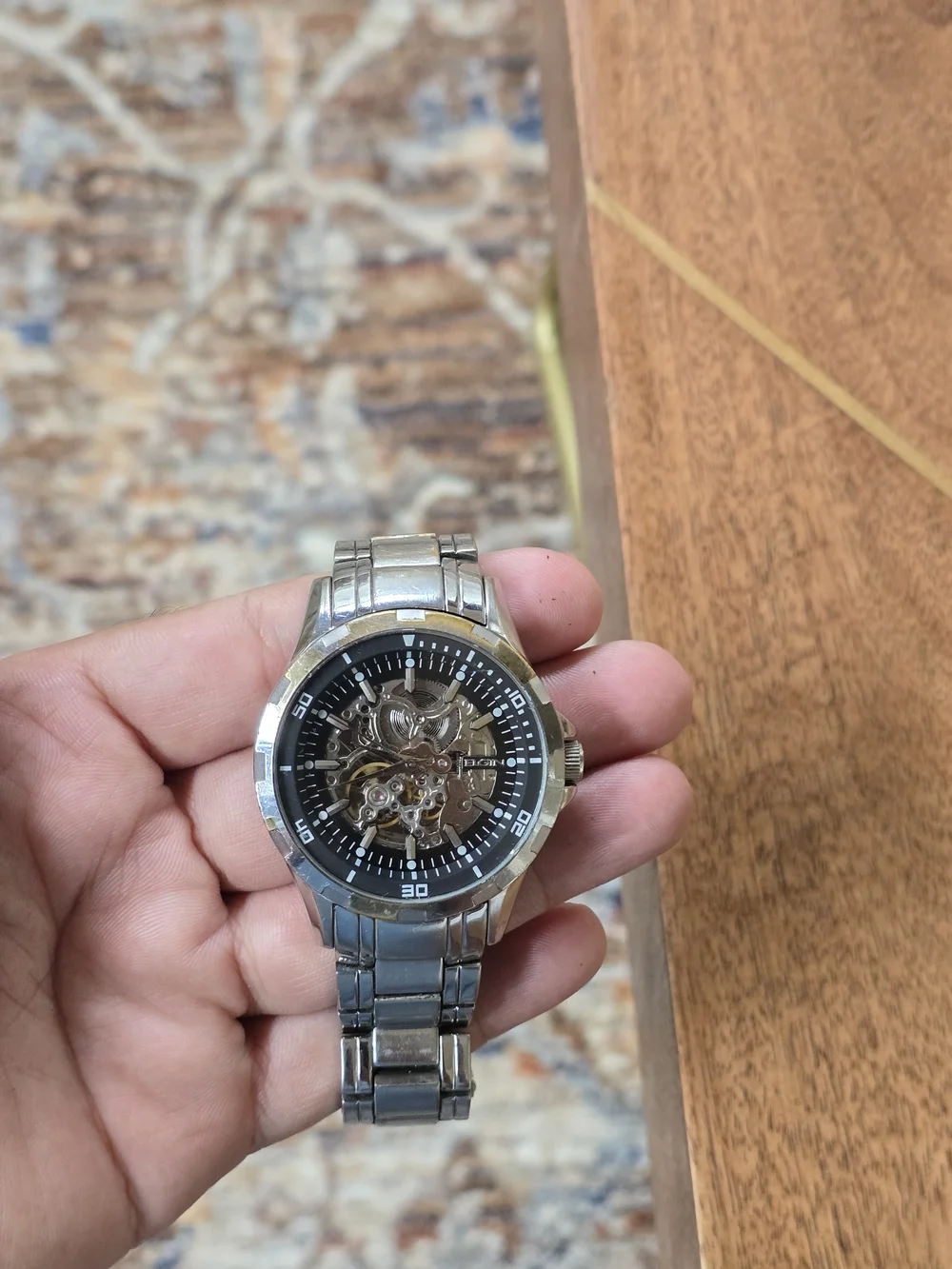 Skeleton Dial Stainless Steel Men's Watch - Silver/Gold FG8030 Elgin Automatic W